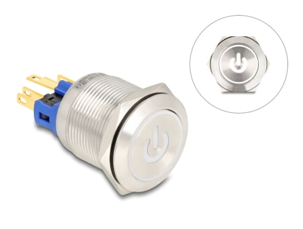 Delock - Push button - for 22 mm installation, 6 x solder connection, white LED power symbol and ring - panelmonterbar - AC 230 V - sølv