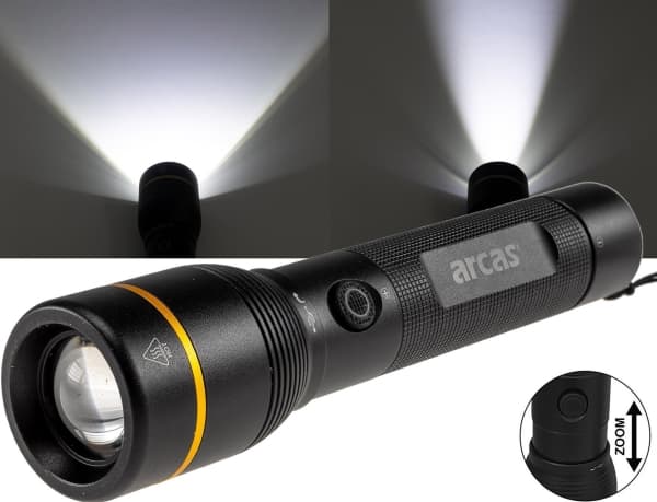 Handheld flashlight 10W, rechargeable USB-C, black, ARCAS