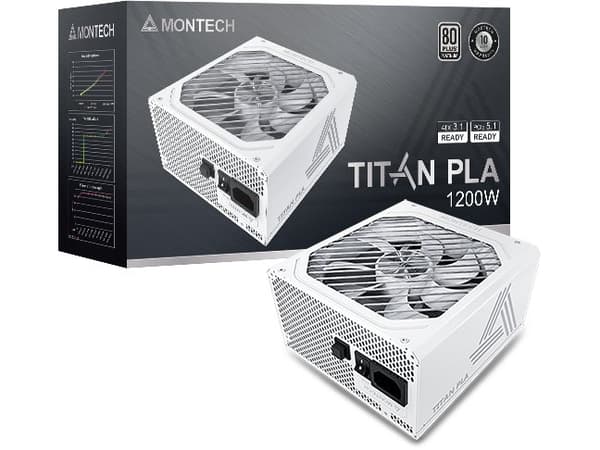 Montech Titan PLA 1200W - 80 PLUS & Cybenetics Platinum strømforsyning, modulær, PCIe 5.1 - 1200 Watt, hvit