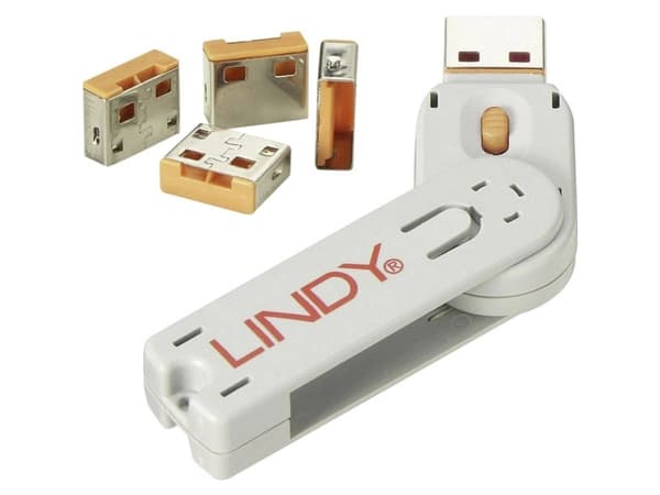 Lindy 40453, Portin lukitsin + avain, USB A-tyyppi, Oranssi, Akryylinitriilibutadieenistyreeni (ABS), 5 kpl, Muovipussi