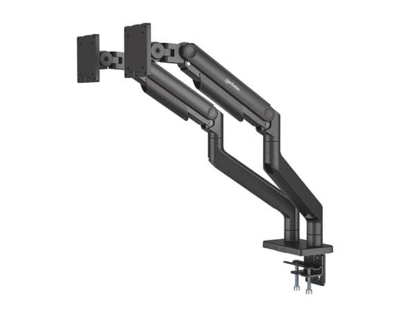 Manhattan TV & Monitor Mount, Desk, Full Motion (Spring), 2 screens, Screen Sizes: 13-45", Black, Clamp or Grommet Assembly, Dual Screen, VESA 75x75 Svart