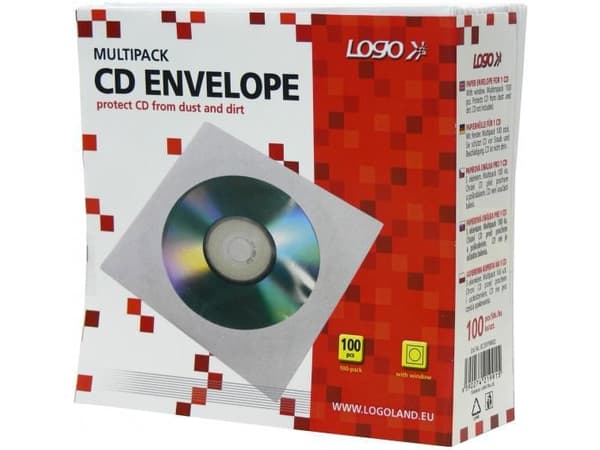 Logokonvolutt for 1 CD, papir, hvit, med vindu, 100-pakning