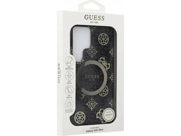 Case Guess 4G Background Gold Electroplated Peony Pattern MagSafe for Samsung Galaxy S25 Utra black