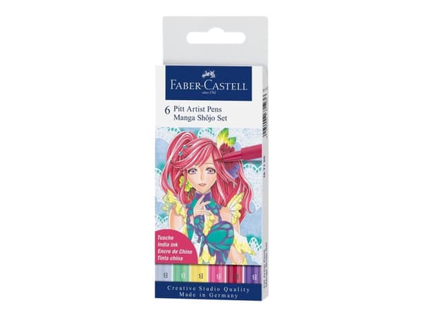 Faber-Castell PITT Artist Pen Manga Shôjo - Penselpenna - permanent - för trä, kanvas - ljusgul glasyr, rosa karmin, purpurviolett, ftalogrön, rosa k