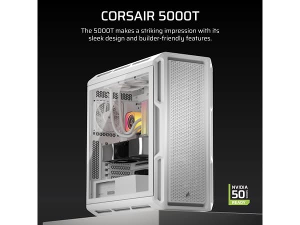 Corsair 5000T, Midi Tower, PC, White, ATX, EATX, micro ATX, Mini-ITX, Plastic, Steel, Tempered glass, Gaming
