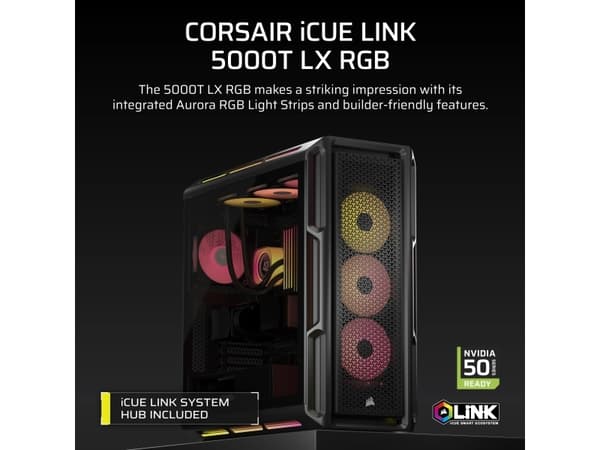 CORSAIR iCUE LINK 5000T LX RGB - Mid tower spel - utökad ATX - genomskinlig sidopanel (härdat glas) - ingen strömförsörjning (ATX) - svart - USB/ljud