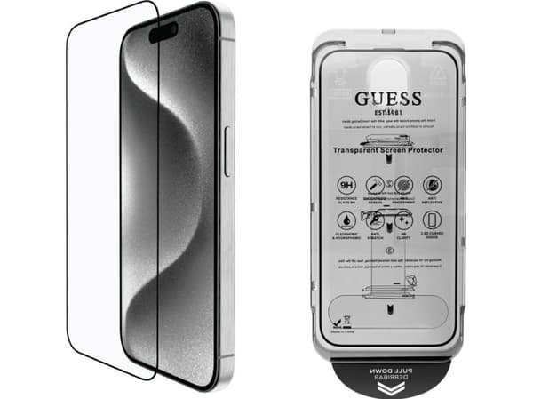 Guess BP Rhinestone 2-i-1 sett skjermglass og kameralinse for iPhone 16 Pro Max sølv