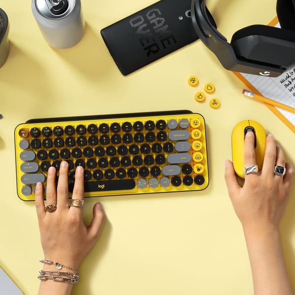 Logitech POP Keys Wireless Mechanical Keyboard With Emoji Keys tangentbord Universal Trådlös RF + Bluetooth QWERTZ schweizisk Svart, Grå, Gul