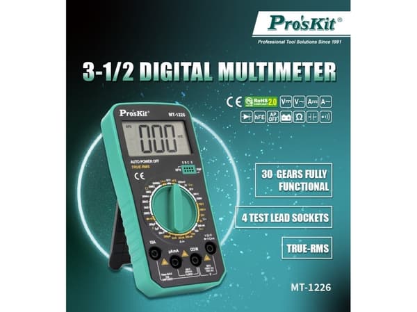 Digitaalinen yleismittari, TRMS, 1000/750 V AC/DC, 10A, 200MOm, 200uF, diodi-, transistori- ja piiritestitoiminnoilla, Pro'sKit -paketti
