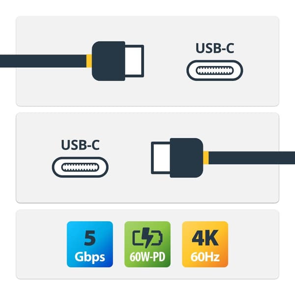 StarTech.com 1 m USB-C-kabel, USB 5 Gbps, 60 W (3 A) strömförsörjning, 4K 60 Hz DP alt-läge, TPE-mantel - Thunderbolt-kompatibel