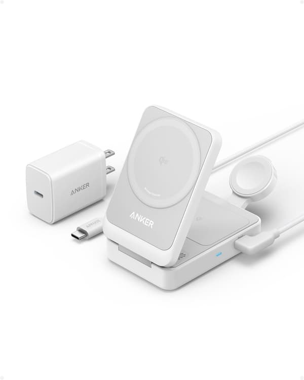 Anker - MagGo Wireless Charging Station (15W, Foldable 3-in-1)  Bundle Cable and Charger Vit