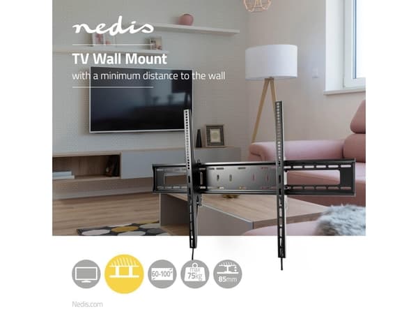Nedis TVWM2170BK, 2,54 m (100"), 200 x 200 mm, 900 x 600 mm, 0 - 15°, Stål, Svart