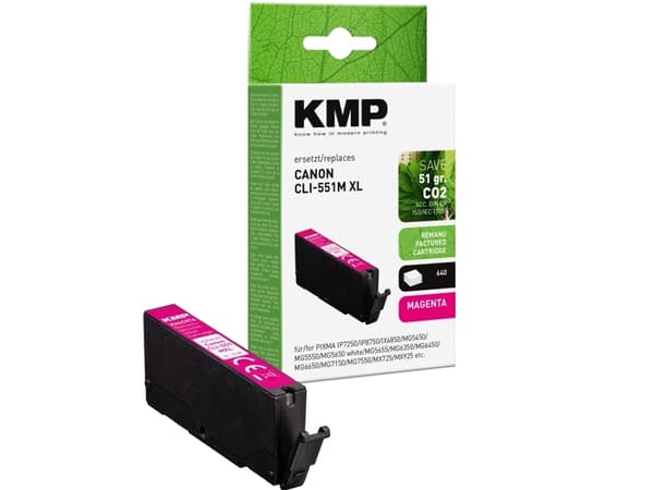 KMP Canon CLI551MXL (6445B001), Magenta, 10,5 ml, 1 styck, 650 sidor, Enpack