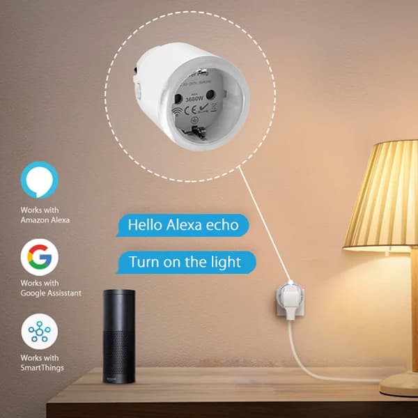 Smart plug med Zigbee, energimåling og stemmestyring, 16A, kompatibel med HomeKit og Tuya