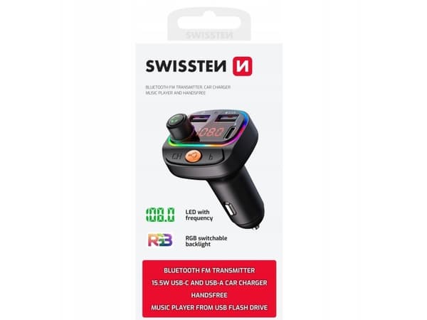 Swissten RGB Bluetooth FM Transmitteris 2x USB / USB-C 20114031