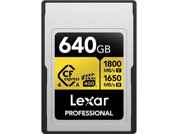 Lexar LCAGOLD640G-RNENG, 640 GB, CFexpress Type A, 1800 MB/s, 1650 MB/s, Fallsikker, Støvtett, Sjokkresistent, Temperatursikker, Vibrasjon sikker, Va