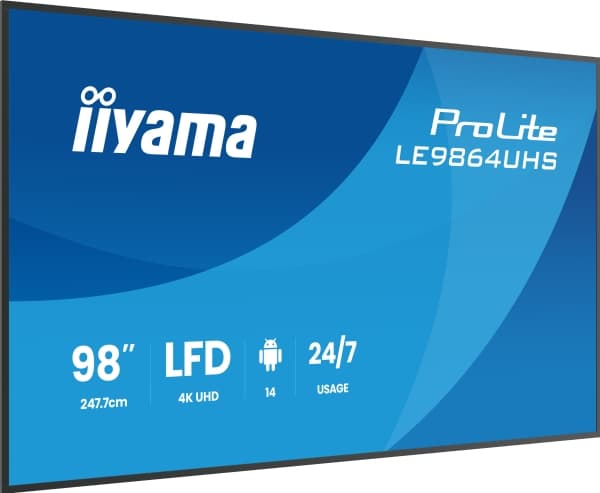 iiyama LE9864UHS-B1AG, Digital skiltingstavle (flatskjerm), 2,49 m (98"), 3840 x 2160 piksler, Wi-Fi, 24/7