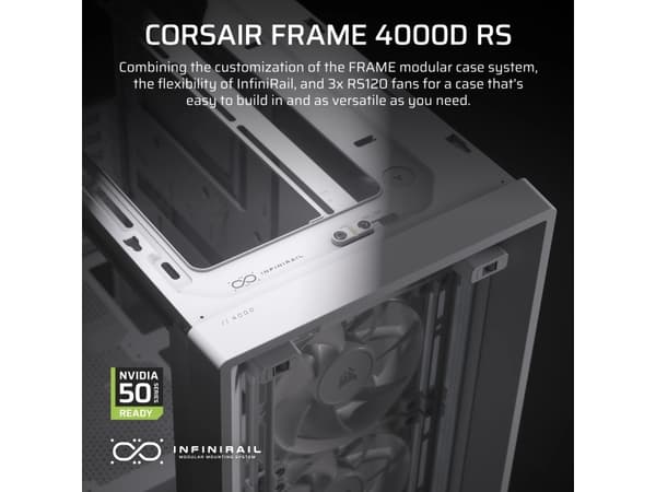Corsair FRAME 4000D RS, Midi Tower, PC, Valkoinen, ATX, EATX, micro ATX, Mini-ITX, Muovi, Teräs, Karkaistu lasi, Peli