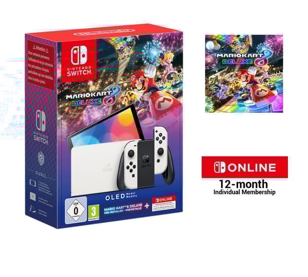 Nintendo Switch OLED + Mario Kart 8 Deluxe + Switch Online 12 Months bärbara spelkonsoller 17,8 cm (7") 64 GB Pekskärm Wi-Fi Vit