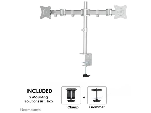 Neomounts NM-D135DSILVER, puristin/pulttiläpivienti, 8 kg, 25,4 cm (10"), 68,6 cm (27"), 100 x 100 mm, hopea