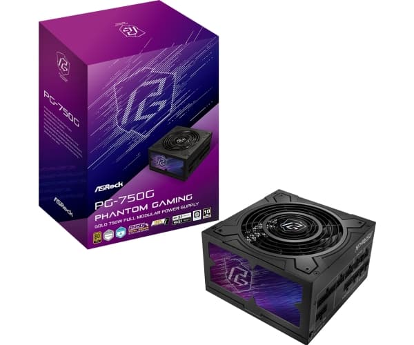 ASRock PG-750G, PSU, 750 W, 80 Plus Gold/A, 135 mm, modulær, PCI-E 5.1 (12+4 pinner) x1, PCI-E (6+2 pinner) x3, SATA (5 pins) x9 (90-UXP075-GFEAAB) Sort