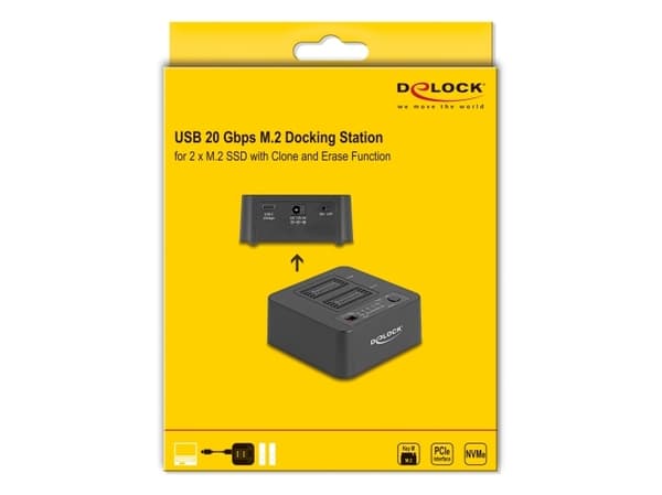 Delock USB 20 Gbps M.2-dokkingstasjon for 2 x M.2 NVMe PCIe SSD med klone- og slettefunksjon