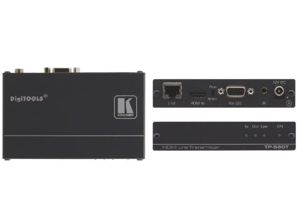 Kramer Electronics TP-580T, Svart, 1920 x 1080 pixlar, 1- HDMI, 1- IR, 3.5mm mini jack, 1- RS-232, 1- HDBaseT twisted pair RJ-45 connector, 12 V, 0 -
