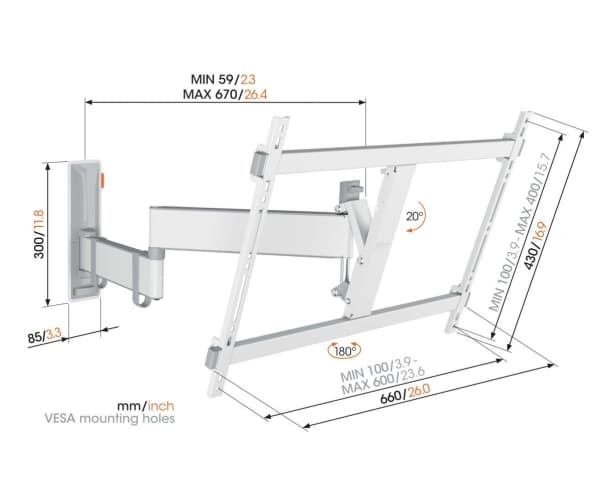 Vogel's 3836431, 101,6 cm (40"), 195,6 cm (77"), 100 x 100 mm, 600 x 400 mm, 0–20°, hvit