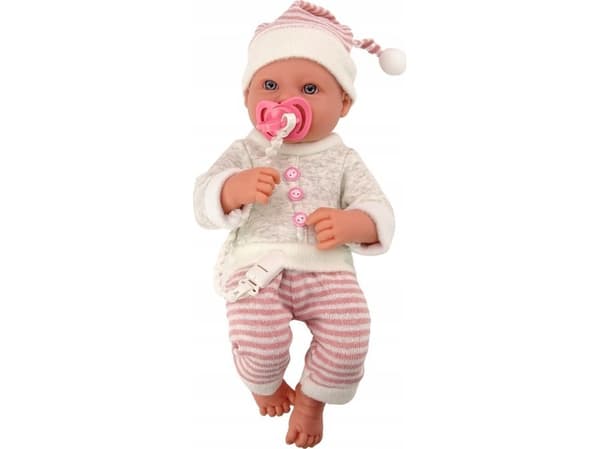 LeanToys babydukke, genser, stripete lue, rosa smokk