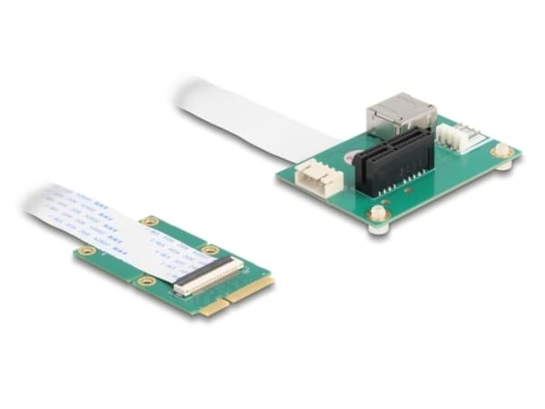 Delock-omvandlare Mini PCIe-kontakt till PCI Express x1-kortplats med flexibel kabel och USB-port Grön
