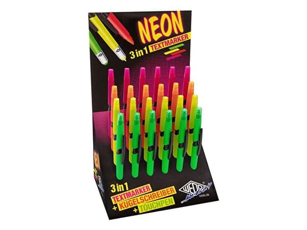 WEDO Stylus 3-i-1 NEON, 24 st. display pekpenna, biros &amp; överstrykningspenna i ett, assorterade i - 24 st (261 61099)