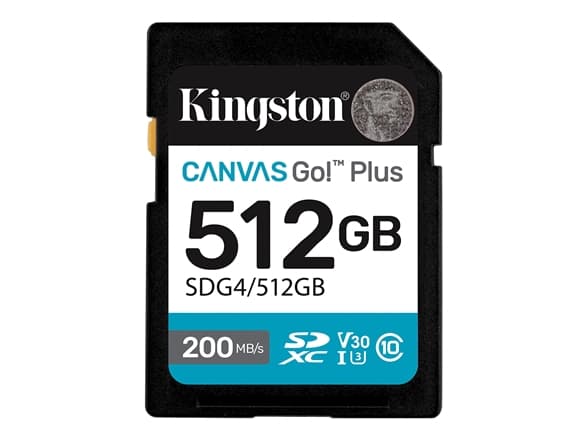 Kingston Technology 512GB SDXC Canvas Go Plus Gen4 200MB/s C10 UHS-I U3 V30, 512 GB, SDXC, Class 10, UHS-I, 200 MB/s, 160 MB/s