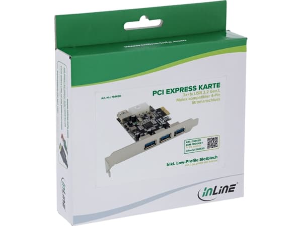 InLine® PCIe-kort, 3x+1x USB 3.2 Gen.1, Molex-kompatibel 4-polig strömkontakt