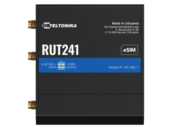 Teltonika RUT241 eSIM | Industrieller 4G-LTE-Router | Cat 4, 2x RJ45 100Mb/s, eSIM, Cellulær netværksrouter, Sort, Aluminium, Montering på væg/stolpe