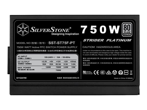 SilverStone Strider Platinum series ST75F-PT - V1.1 - strømforsyning (intern) - ATX12V 2.4/ EPS12V - 80 PLUS Platinum - AC 90-264 V - 750 watt - akti