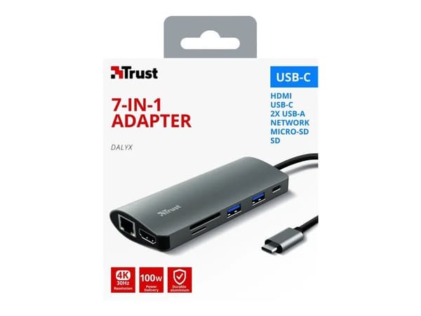 Trust Dalyx, USB Type-C, HDMI, RJ-45, USB 3.2 Gen 1 (3.1 Gen 1), Alumiini, Kiina, 115 mm, 50 mm
