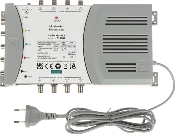 Triax 318602, 5 innganger, 8 utganger, 950 - 2200 MHz, 47 - 694 MHz, 1.0, 2.0, 180 - 264 V
