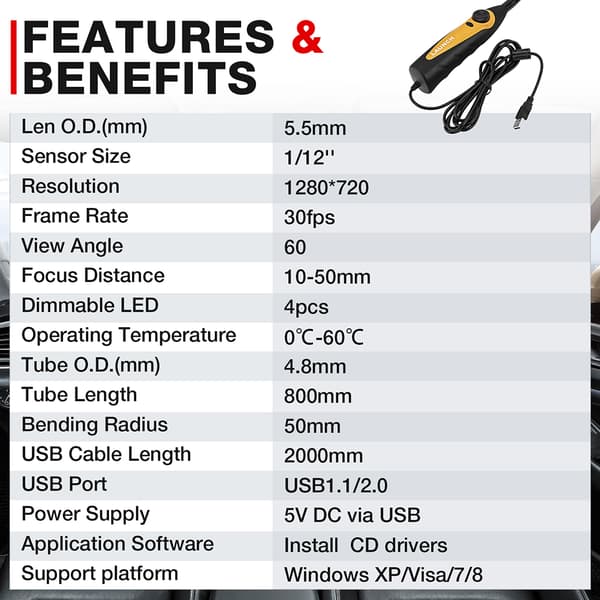 Videoskooppi, HD-kamera, 6 LED-valoa, 2m, VSP600 Videoscope