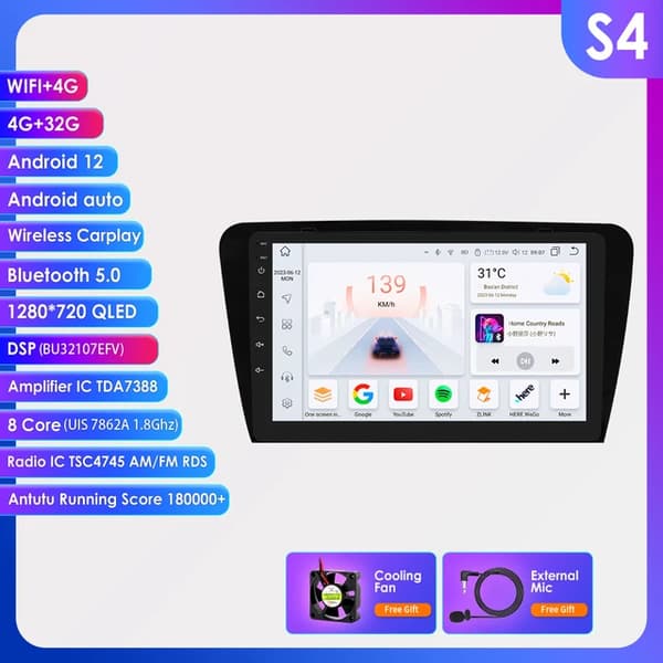 Bil Multimedia GPS Autoradio, AI Voice Control, Android Auto Carplay, 8 kerner-4G 32G -S4