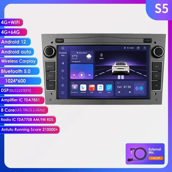 Bil GPS Navigation, 4G LTE-forbindelse, Android 12 operativsystem, S5 4G 64G G