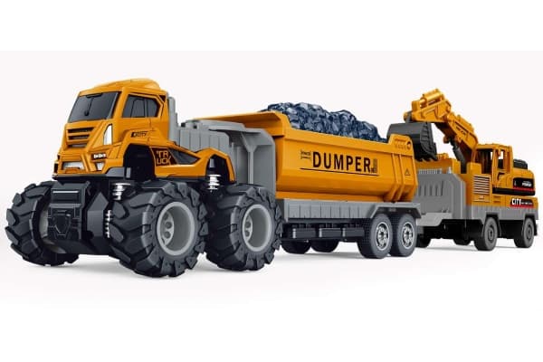 Die-cast dumper w/hangers, excavator & friction