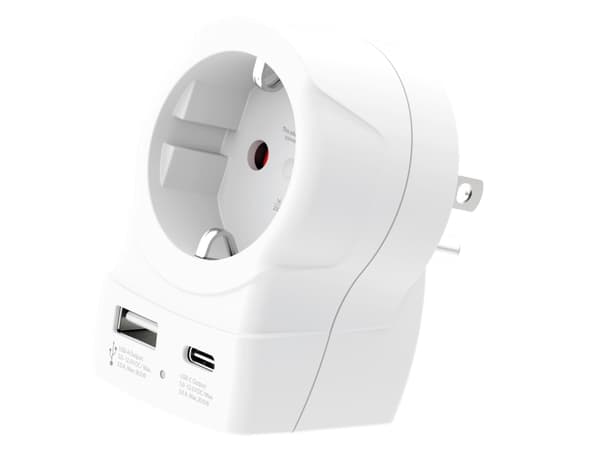 Reseadapter Europa till USA m.fl. USB-A/USB-C 20W PD Jordad