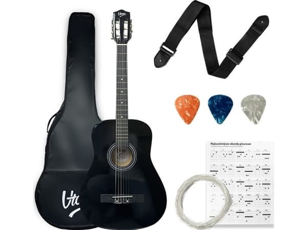 V-Tone V-TONE CG ONE BK klassisk gitarr 4/4 svart för inlärning för nybörjare plektrum rem reservsträngar fodral ackord