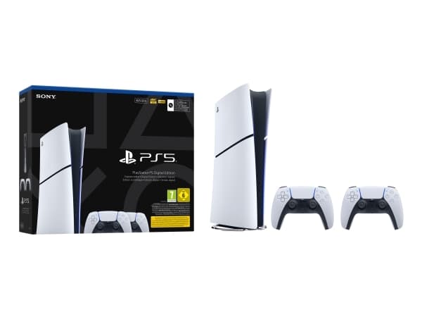 Sony Playstation 5 Slim Digital mit 2 Ctrl, PlayStation 5, Sort, Hvid, 16384 MB, GDDR6, 448 GB/sek., AMD