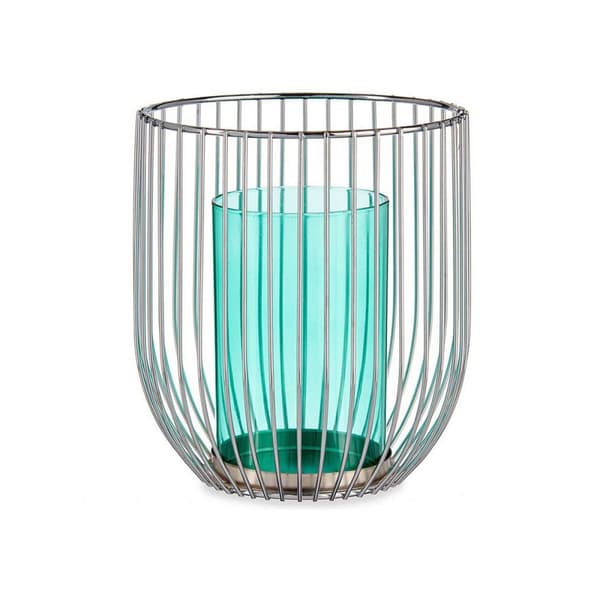 Ljusstakar Silvrig Blå Bur Metall Glas (15 x 17 x 15 cm)