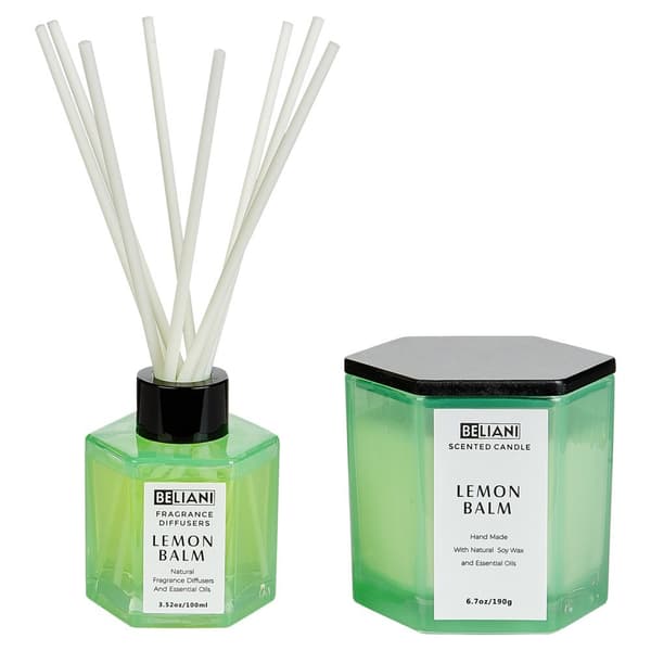Doftset: sojaljus och diffusor med citronmelisspinnar CLASSY TINT Lumarko!