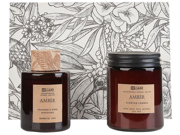 Duftsæt sojalys og diffuser med pinde gylden rav MØRK ELEGANCE Lumarko!