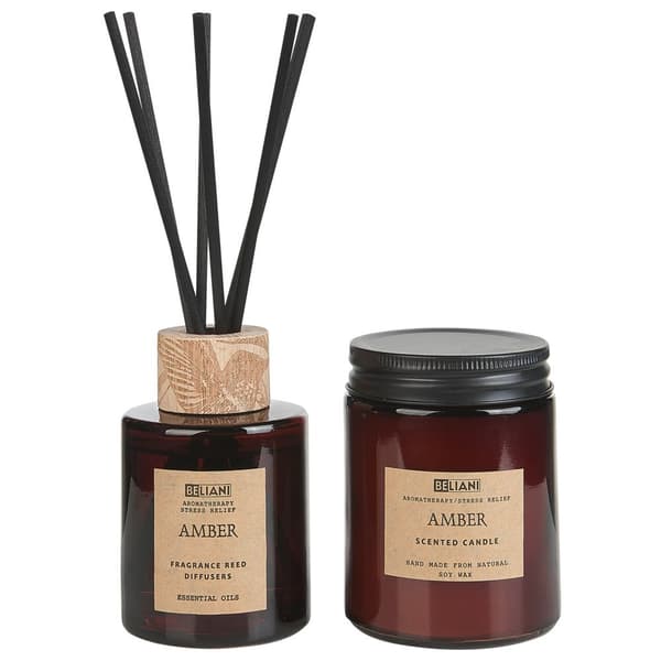Duftsæt sojalys og diffuser med pinde gylden rav MØRK ELEGANCE Lumarko!