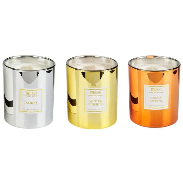 3 doftljus med soja i äppelpaj/jasmin/vintersol METALLISK GLAMOUR Lumarko!