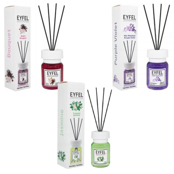 Kolmen kukkaisen kotituoksun setti EYFEL, 3 x 120 ml: Kukkakimppu + violetti + jasmiini